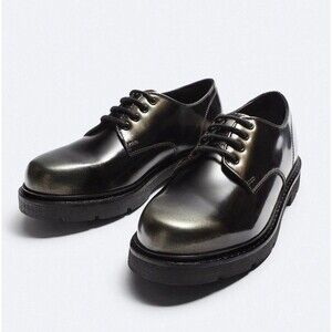 ZARA Black Metallic Leather Lace Up Derby Shoes Men Size US 9 EUR 42  2455/220